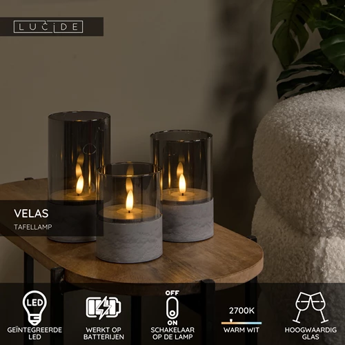 Lucide VELAS - Tafellamp - Batterijen - Ø 8 cm - LED - 3x0,2W 2700K - Fumé - Set van 3 - USP